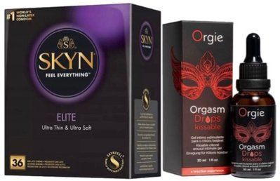 Набор из SKYN Elite 36 шт + Жидкий вибратор Orgie Orgasm Drops Kissable (30 мл) SOS10235 фото
