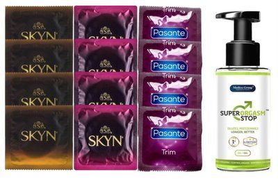 Комплект: Пролонгатор Super Orgasm Stop Гель (150 мл) + 8 шт SKYN + 4 шт Pasante TRIM SOS10789 фото