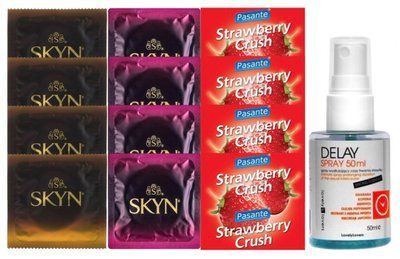 Комплект: Пролонгатор LOVELY LOVERS DELAY SPRAY 50 ML + 8 шт SKYN + 4 шт Pasante Strawberry SOS10839 фото