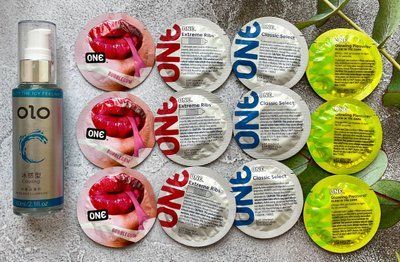 Набір 12 шт ONE Classic, Extreme Ribs, Flavor Waves, Glowing Pleasures + лубрикант OLO охолоджуючий 60 мл SOS2427 фото