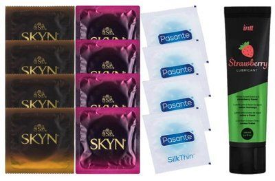 Комплект: Смазка Intt Strawberry (100 мл) + 8 шт SKYN + 4 шт Pasante Silk SOS10385 фото