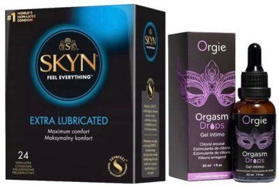 Набор из SKYN Extra Lube (24 шт) + Возбудительные капли Orgie Orgasm Drops (30 мл) SOS10085 фото