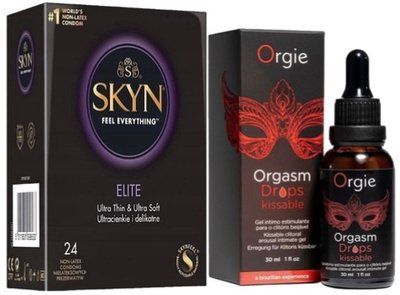 Набір з SKYN Elite (24 шт) + краплі з вібрацією Orgie Orgasm Drops Kissable (30 мл) SOS10135 фото