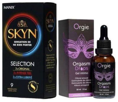 Набор из SKYN Selection (9 шт) + Возбудительные капли для клитора Orgie Orgasm Drops, 30 мл, эффект разогрева и охлаждения SOS9685 фото