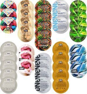 Набор с 39 шт ONE Extreme Ribs + ONE Vanish + ONE Tattoo + ONE Sensitive + ONE Glowing + ONE Pleasure Dome + ONE Bubblegum + ONE Extra Strong + ONE Legend XL + ONE Fresh Mint SOS8325 фото