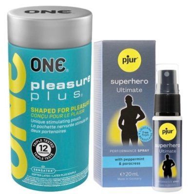 Набор из ONE Pleasure Plus 12 шт + Пролонгатор pjur Superhero Ultimate Spray 20 мл SOS9526 фото