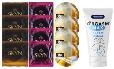 Комплект: Пролонгатор Medica-Group Orgasm Max 50 мл + 8 шт. SKYN + 4 шт. ONE Banana SOS10989 фото