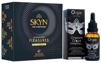 Набор из SKYN Pleasures (42 шт) + капли с вибрацией Orgie Orgasm Drops Intense (30 мл) SOS10036 фото