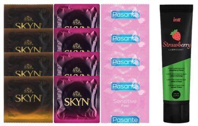 Комплект: Смазка Intt Strawberry (100 мл) + 8 шт SKYN + 4 шт Pasante extra Sensitive SOS10386 фото