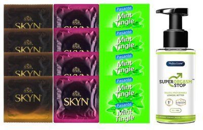 Комплект: Пролонгатор Super Orgasm Stop Гель (150 мл) + 8 шт SKYN + 4 шт Pasante Mint Tingle SOS10790 фото