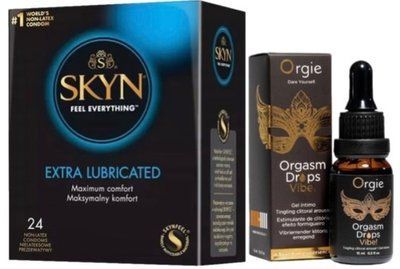 Набор из SKYN Extra Lube (24 шт) + Возбудительные капли ORGASM DROPS VIBE! (15 мл) от ORGIE SOS10086 фото