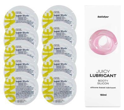 Комплект 𝐎𝐍𝐄 𝐒𝐮𝐩𝐞𝐫 𝐒𝐭𝐮𝐝𝐬 10 шт. + Лубрикант Satisfyer Juicy Lubricant Booty Silicon (150 мл) SOS12345 фото