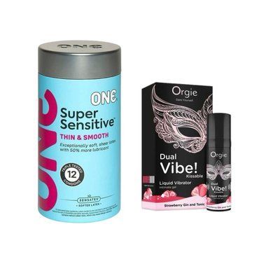 ONE Super Sensitive Pack 12 шт. + Жидкий вибратор Orgie Dual Vibe! Strawberry Gin & Tonic Kissable Liquid Vibrator, 15 мл SOS6554 фото