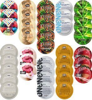 Набор с 39 шт ONE Extreme Ribs + ONE Vanish + ONE Tattoo + ONE Sensitive + ONE Glowing + ONE Pleasure Dome + ONE Bubblegum + ONE Extra Strong + ONE Legend XL + ONE Chocolate Strawberry SOS8326 фото