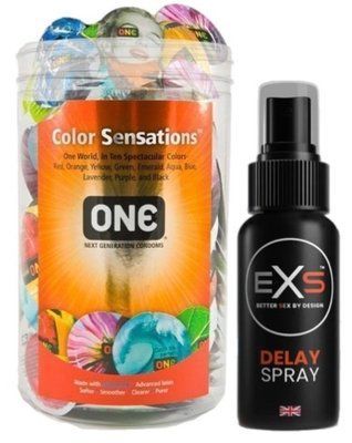 Набор из ONE Color Sensations 100 шт + Пролонгатор EXS DELAY SPRAY 50 МЛ SOS9177 фото