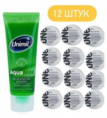 Набор ONE Extra strong &ndash; особенно прочные 12 шт + Лубрикант на водной основе с экстрактом алоэ вера Unimil AquaAloe, 80 мл SOS1283 фото