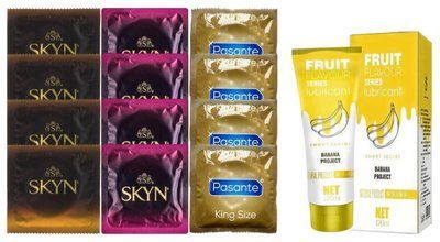 Комплект: Лубрикант OLO Banana (120мл) +8 шт. SKYN+4 шт. Pasante King Size SOS10490 фото