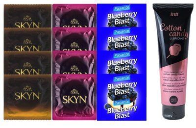 Комплект: Лубрикант Intt Cotton Candy (100мл) +8 шт. SKYN+4 шт. Pasante Blueberry Blast SOS10439 фото