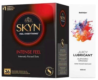 Комплект Лубрикант Satisfyer Juicy Lubricant Euphoric Orgasm 300 мл + Skyn Intense feel 36 шт SOS12648 фото