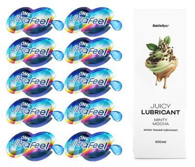 Комплект 𝐎𝐍𝐄 𝐔𝐥𝐭𝐫𝐚𝐅𝐞𝐞𝐥 10 шт. + Лубрикант Satisfyer Juicy Lubricant Minty Mocha (300 мл) SOS12296 фото