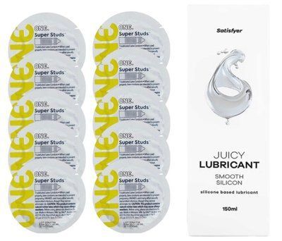 Комплект 𝐎𝐍𝐄 𝐒𝐮𝐩𝐞𝐫 𝐒𝐭𝐮𝐝𝐬 10 шт. + Лубрикант Satisfyer Juicy Lubricant Smooth Silicon (150 мл) SOS12346 фото