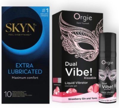 Skyn Exstra Lube 10 штук + Orgie Dual Vibe! Strawberry Gin & Tonic 15 мл SOS6982 фото