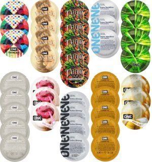 Набор с 39 шт ONE Extreme Ribs + ONE Vanish + ONE Tattoo + ONE Sensitive + ONE Glowing + ONE Pleasure Dome + ONE Bubblegum + ONE Extra Strong + ONE Legend XL + ONE Banana SOS8327 фото