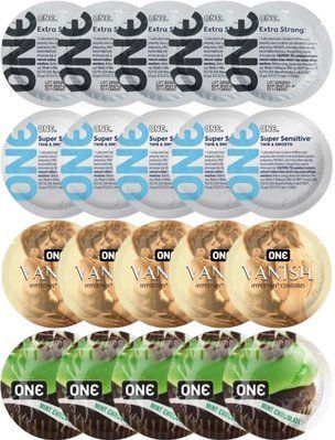Набір з 20 шт ONE Extra strong + 𝐎𝐍𝐄 𝐒𝐮𝐩𝐞𝐫 𝐒𝐞𝐧𝐬𝐢𝐭𝐢𝐯𝐞 + ONE Vanish + ONE Mint Chocolate SOS8176 фото