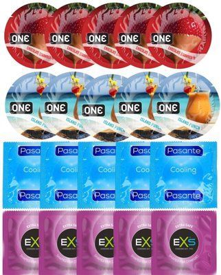 Набор 20 шт ONE Chocolate Strawberry + ONE Island Punch + Pasante Cooling + EXS EXTRA SAFE SOS7233 фото