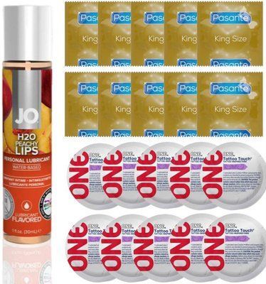 Набір 20 шт Pasante King Size та ONE Tattoo Touch + System JO H2O &mdash; Peachy Lips(30 мл) SOS4913 фото