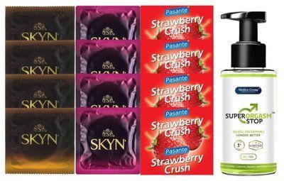 Комплект: Пролонгатор Super Orgasm Stop Гель (150 мл) + 8 шт SKYN + 4 шт Pasante Strawberry SOS10792 фото