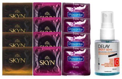 Комплект: Пролонгатор LOVELY LOVERS DELAY SPRAY 50 ML + 8 шт SKYN + 4 шт Pasante TRIM SOS10842 фото