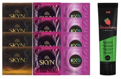 Комплект: Смазка Intt Strawberry (100 мл) + 8 шт SKYN + 4 шт EXS EXTRA SAFE SOS10388 фото