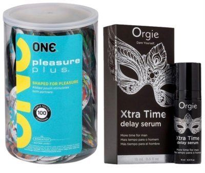 Набор из ONE Pleasure Plus, 100 шт + Пролонгатор Orgie Xtra Time Delay Serum, 15 мл SOS9128 фото