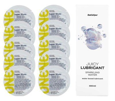 Комплект 𝐎𝐍𝐄 𝐒𝐮𝐩𝐞𝐫 𝐒𝐭𝐮𝐝𝐬 10 шт. + Лубрикант Satisfyer Juicy Lubricant Sparkling Water (300 мл) SOS12347 фото
