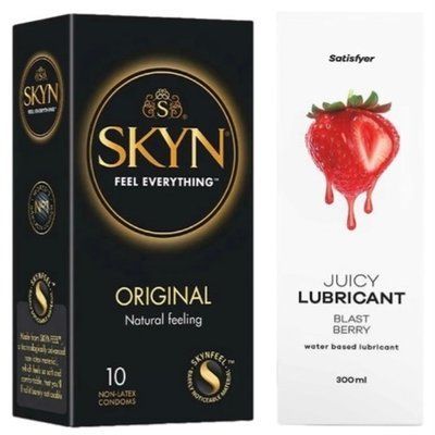Комплект Лубрикант Satisfyer Juicy Blast Berry 300 мл + SKYN Original 10 шт SOS12899 фото