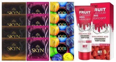 Комплект: Лубрикант OLO со вкусом клубники (120 мл) + 8 шт. SKYN + 4 шт. EXS BUBBLEGUM SOS10593 фото