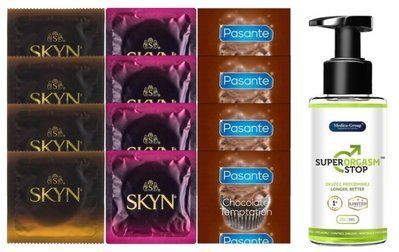Комплект: Пролонгатор Super Orgasm Stop Гель (150 мл) + 8 шт SKYN + 4 шт Pasante Chocolate SOS10793 фото