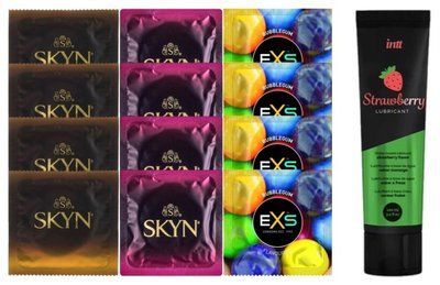 Комплект: Смазка Intt Strawberry (100 мл) + 8 шт SKYN + 4 шт EXS BUBBLEGUM SOS10389 фото