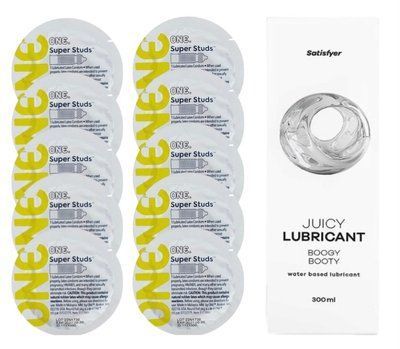 Комплект 𝐎𝐍𝐄 𝐒𝐮𝐩𝐞𝐫 𝐒𝐭𝐮𝐝𝐬 10 шт. + Лубрикант Satisfyer Juicy Lubricant Boogy Booty (300 мл) SOS12348 фото