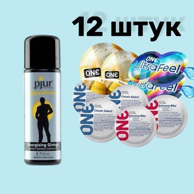Набір 12 штук ONE Classic, Ribs, Ultra-Feel, Flavor Waves + Лубрикант pjur Superhero glide 30 мл SOS4711 фото