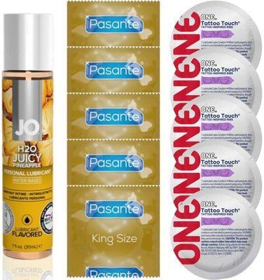 Набір 10 шт Pasante King Size та ONE Tattoo Touch + System JO H2O &mdash; Juicy Pineapple(30 мл) SOS4915 фото