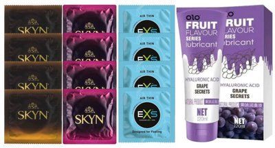 Комплект: Лубрикант OLO со вкусом винограда (120 мл) + 8 шт. SKYN + 4 шт. EXS Air Thin SOS10694 фото