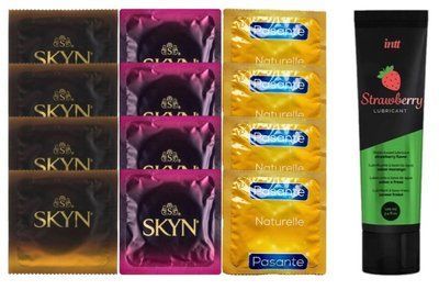 Набір: Смазка Intt Strawberry (100 мл) + 4 шт SKYN Passion daiquiri + 4 шт SKYN CHERRY SUNRISE + 4 шт Pasante Naturelle SOS10373 фото