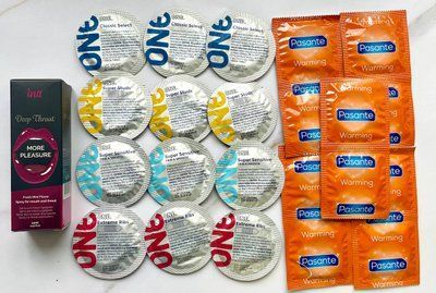 Набір 22 шт ONE Classic, Super Sensitive, Extreme ribs , Super Studs - Pasante Warming + Intt Deep Throat Oral Spray (12 мл) SOS1814 фото