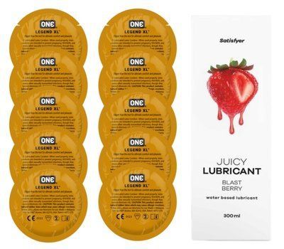 Комплект 𝐎𝐍𝐄 𝐋𝐞𝐠𝐞𝐧𝐝 𝐗𝐋 10 шт. + Лубрикант Satisfyer Juicy Lubricant Blast Berry (300 мл) SOS12282 фото