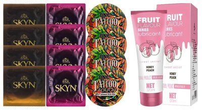 Комплект: Лубрикант OLO со вкусом персика (120 мл) + 8 шт. SKYN + 4 шт. ONE Tattoo Touch SOS10545 фото