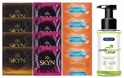 Комплект: Пролонгатор Super Orgasm Stop Гель (150 мл) + 8 шт. SKYN + 4 шт. Pasante Warming SOS10795 фото