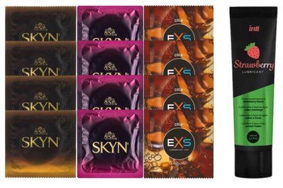 Комплект: Смазка Intt Strawberry (100 мл) + 8 шт SKYN + 4 шт EXS CRAZY COLA SOS10391 фото