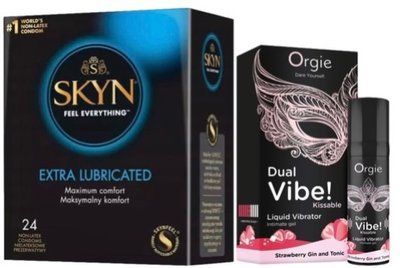 Набор из SKYN Extra Lube (24 шт) + Жидкий вибратор Orgie Dual Vibe! Strawberry Gin & Tonic Kissable Liquid Vibrator (15 мл) SOS10091 фото